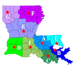 Map of Louisiana with troop areas outlined