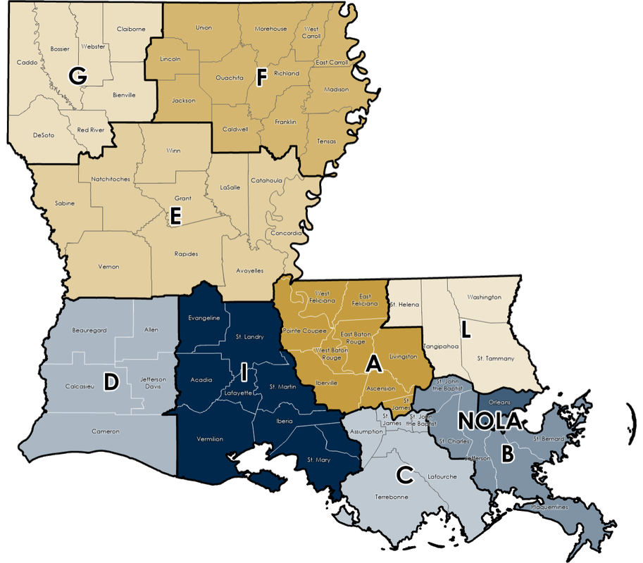 This is an image of the state of Louisiana. It shows where each State Police Troop is located.