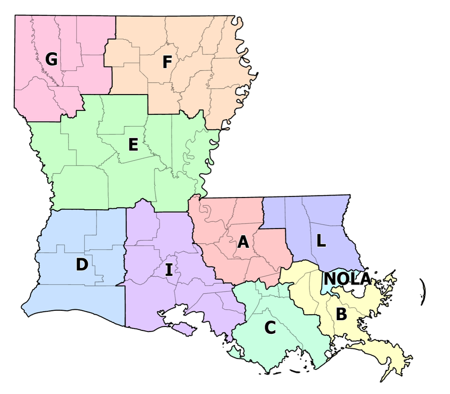 This is an image of the state of Louisiana. It shows where each State Police Troop is located.